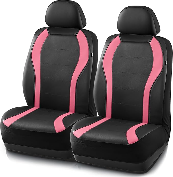 PIC AUTO Leather Car Seat Covers, Premium Automotive Waterproof Two Front Bucket Car Seat Protectors, Black and Pink PVC Patchwork, Fits for Cars, Trucks, Van, SUV, Airbag Compatible