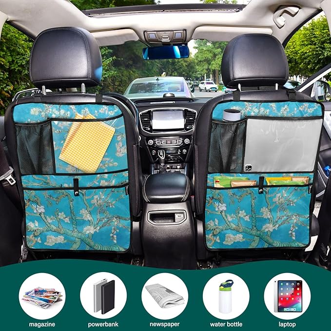 Automotive Seat Back Organizers Car Seat Organizer Waterproof Car Back Storage Kick Mat, Backseat Car Organizer with Pockets,Car Seat Protector Fit All 1Pcs Almond Blossom