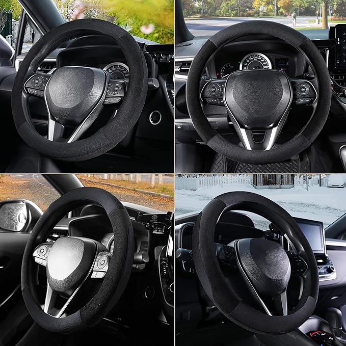 SEG Direct Steering Wheel Cover for Car, Standard Size 14.5-15 inch, Auto Interior Accessories, Plush Warm Velvet, Summer Winter, Black