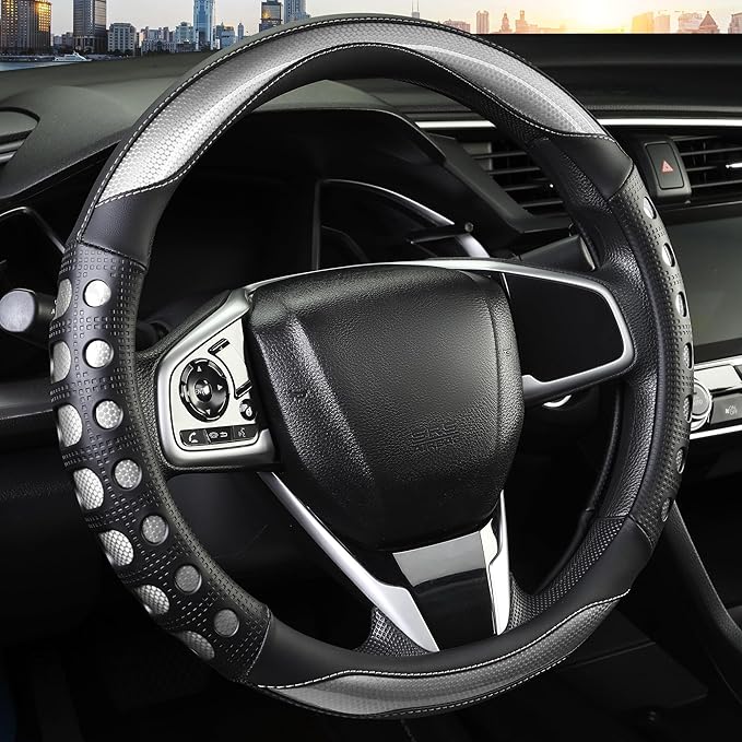 PU Leather Car Steering Wheel Cover with Anti-Slip Grip, for Women and Men, Universal Fit for 14.5-15 Inch Cars, Trucks, SUVs (Gray (Round), Medium(Standard) Size[14 1/2''-15''])