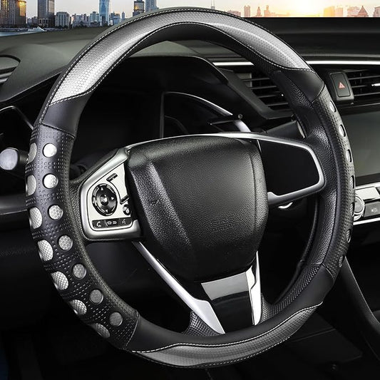 PU Leather Car Steering Wheel Cover with Anti-Slip Grip, for Women and Men, Universal Fit for 14.5-15 Inch Cars, Trucks, SUVs (Gray (Round), Medium(Standard) Size[14 1/2''-15''])