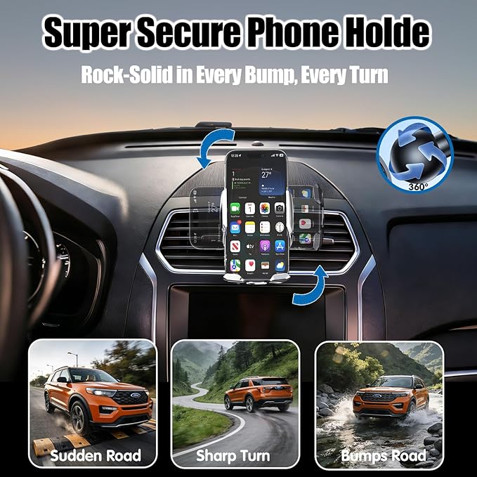 Car Phone Mount for Ford Explorer 2011–2019, 15W Wireless Fast Charging Auto-Clamping Vent Phone Holder, One-Hand Operation, Hands-Free, 360° Adjustable, Without Blocking Airflow