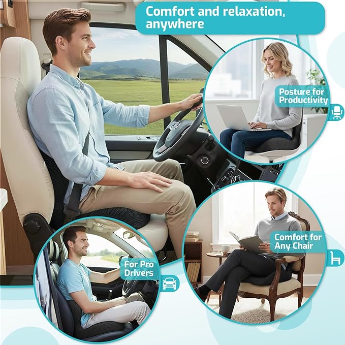 Trucker Seat Cushion, Car Seat Cushions with Lumbar Support Pillow, Ergonomic L-Shaped One Piece Memory Foam Pad for Long Driving Back Pain Sciatica Relief, Drivers Office Workers (Black+Mesh Cloth)