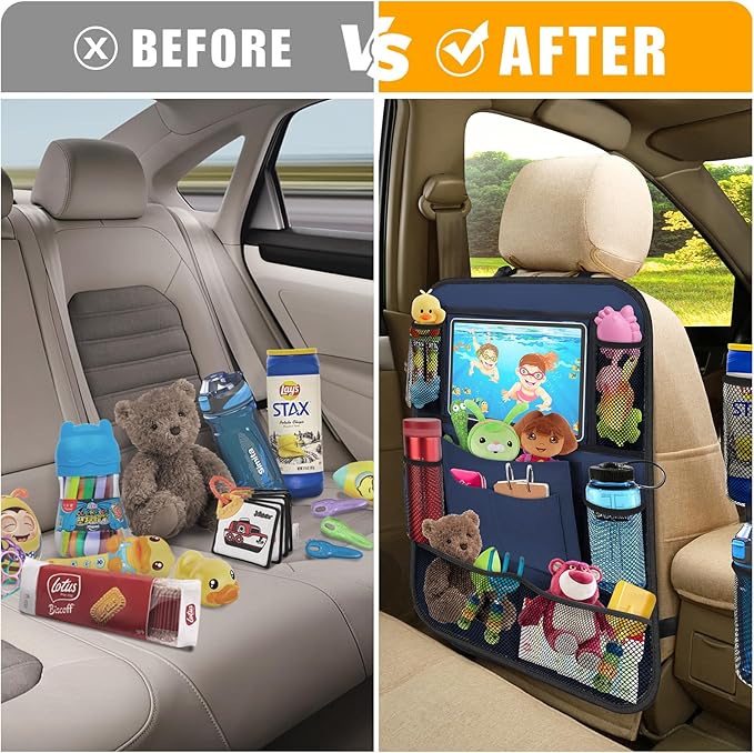 Car Backseat Organizer with 11" Table Holder, 10 Storage Pockets Seat Back Protectors Kick Mats for Kids Toddlers, Travel Accessories, 2 Pack, Blue