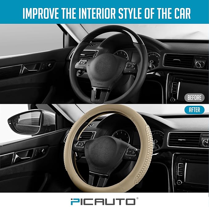 PIC AUTO Steering Wheel Cover, Glitter Gel Particles & Beige Luxury Leather Car Steering Cover, Universal Fit 14.5"-15.5" Anti-Slip Car Wheels Cover for Girls & Women