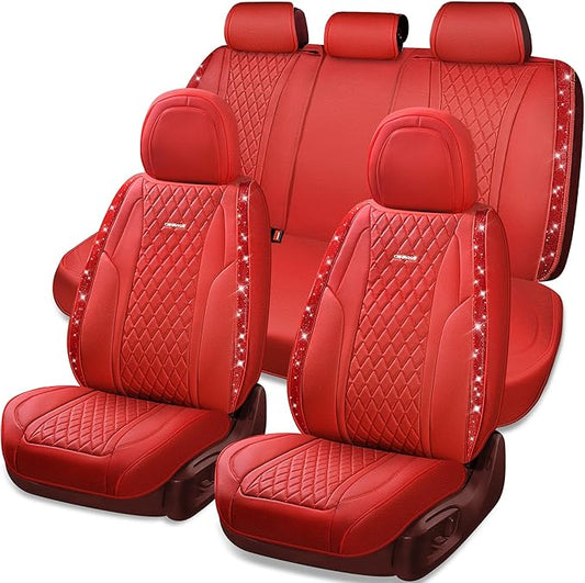 CAR PASS Nappa Leather Bling Diamond Car Seat Covers Full Set Universal Cushioned, Waterproof Heavy-Duty Anti-Slip Luxury Leather, Fit for SUV Sedan, Sparkly Glitter Shining Crystal Red Rhinestones