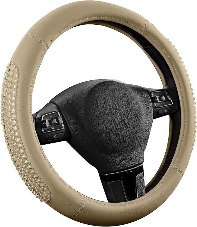 PIC AUTO Steering Wheel Cover, Glitter Gel Particles & Beige Luxury Leather Car Steering Cover, Universal Fit 14.5"-15.5" Anti-Slip Car Wheels Cover for Girls & Women