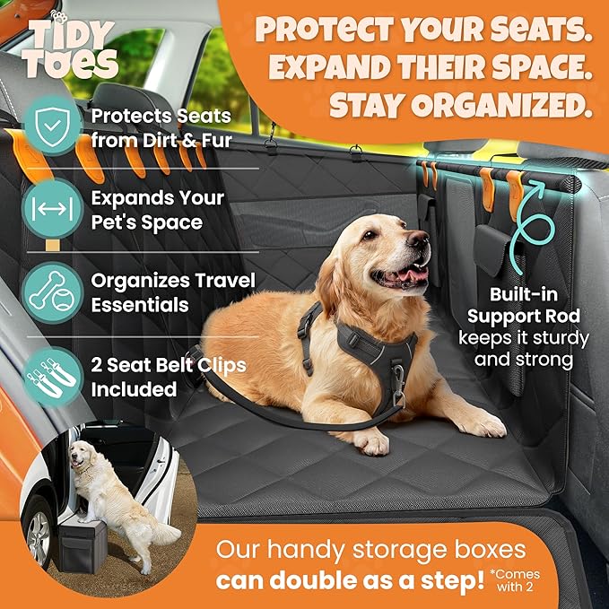 Backseat Cover for Dogs in Car with 2x Storage Boxes - Waterproof Dog Car Seat Cover, Backseat Extender Clip Strap, Carry Bag - Hammock Bed Seat Extender for Dogs, Pet Protector for SUV Truck
