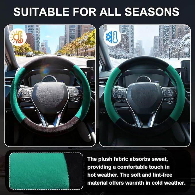 SEG Direct Steering Wheel Cover for Car, Standard Size 14.5-15 inch, Auto Interior Accessories, Warm Plush, Summer Winter, Black and Forest Green