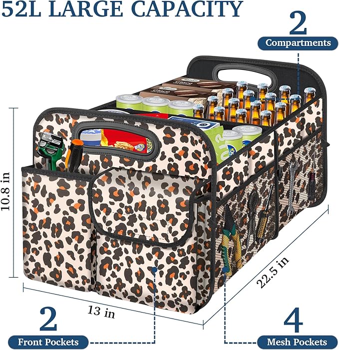 Femuar Car Trunk Organizer, Trunk Storage Organizer with Large Capacity Waterproof Collapsible Trunk Organizer for Car Suv/Jeep/Sedan (Leopard Print, Standard)