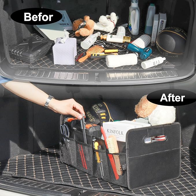 JiatuA Car Trunk Organizer, Car Organizers and Storage Collapsible Multi Compartment Container Box, Adjustable Car Accessories for SUV Sedan Truck, Large Size, Black