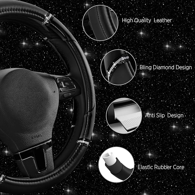 Road Comforts Leather Steering Wheel Cover - Made with PVC Leather - Anti-Slip, Universal Fit 14 1/2 inches to 15 inches - Black