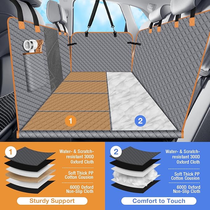 Dog Car Seat Cover for Back Seat, Hard Bottom Holds 420lbs Dog Hammock for Cars SUVs Trucks, Easy to Clean, Waterproof Scratch-Proof Nonslip Backseat Extender for Dogs 4 Panels