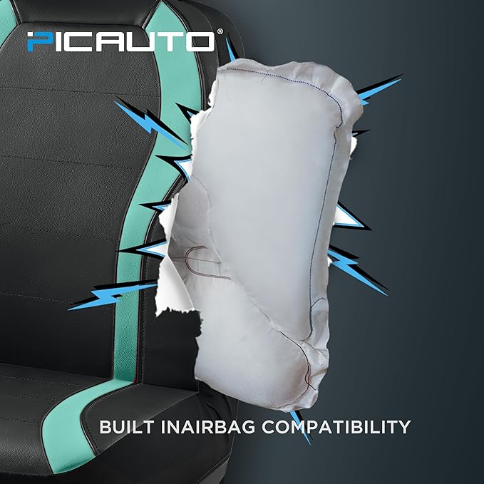 PIC AUTO Leather Car Seat Covers, Premium Automotive Waterproof Two Front Bucket Car Seat Protectors, Black and Green PVC Patchwork, Fits for Cars, Trucks, Van, SUV, Airbag Compatible