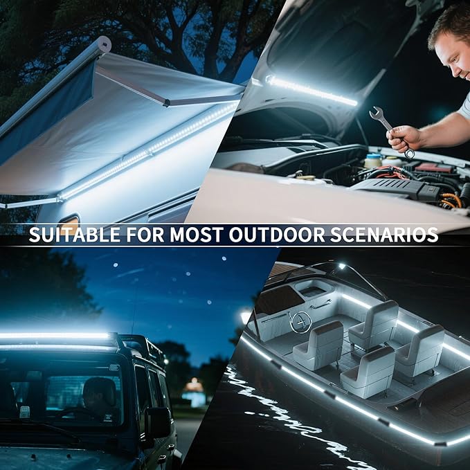 12V LED Interior Light Bar Kit, 4 Bars White Adjustable Brightness RV Camping Lights - Waterproof IP67, Magnetic & Velcro Mount, Portable Lighting for Tent, Car, Trailer, Boat, Truck, Off-Road, Cabin