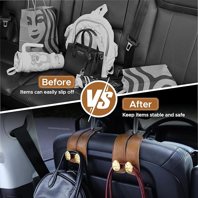 2PCS Leather Car Seat Hooks for Headrest, Vehicle Hanger Storage Organizer Universal for Handbag Purse, Car Accessories Gift (Brown-Gold)