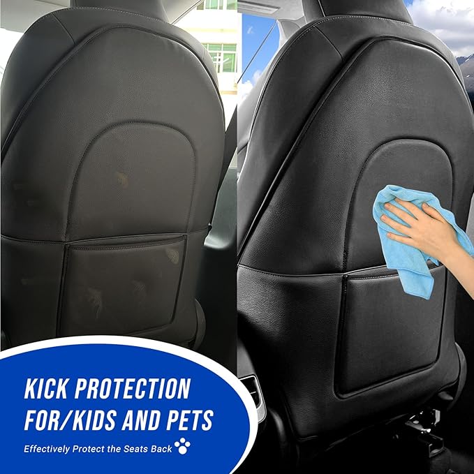 Automotive Seat Back Protector for Tesla Model 3/Y (2017-2025) - Waterproof Leather Kick Mat with Storage Pocket