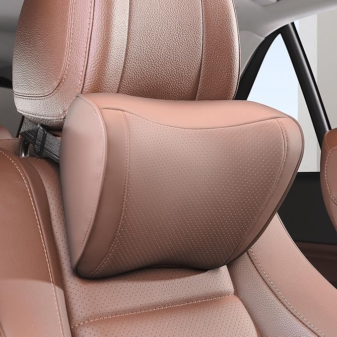 Car Headrest Pillow Memory Foam Breathable Removable Leather Cover Premium Seat Support Head Neck Cushion for Driving Traveling Home Office, Brown, 1 Pack