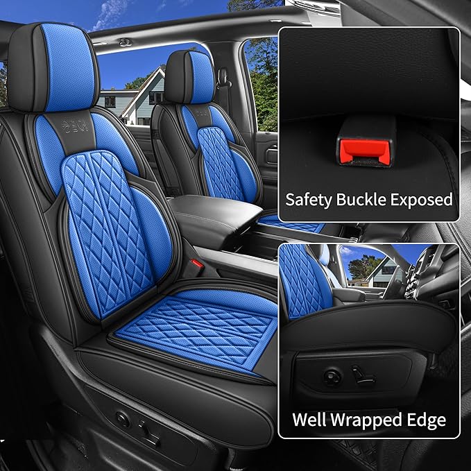 Car Seat Cover Custom Fit for Dodge Ram 1500 2500 3500 2002-2026 Faux Leather Seat Cover Set Compatible with Crew Quad Regular Cab Pickup Truck Cushions (Black & Blue, Full Set, Curved Rear)