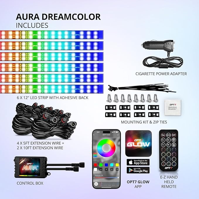 OPT7 Aura DreamColor RGB-IC Car Interior Ambient Light, 6PC Double Row LED Strips, Color Chasing Light Kit w/APP & Remote Control, Universal for Vehicles SUV Trucks Pickups Van