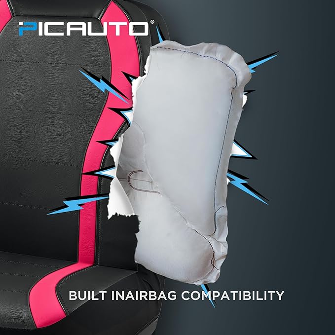 PIC AUTO Leather Car Seat Covers, Premium Automotive Waterproof Two Front Bucket Car Seat Protectors, Black and Hot Pink PVC Patchwork, Fits for Cars, Trucks, Van, SUV, Airbag Compatible