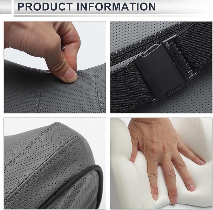 Car Headrest Pillow Ergonomic Comfortable Neck Support Pillow Nappa Leather and Memory Foam Adjustable Width Grey 1 Pc for Driving Travel