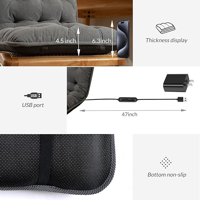 Suchtale Plug-in Heated Seat Cushion, Corduroy Heating Chair Pad with 3 Heat Levels & Timer, Fast-Heating 5V2A Input, Soft Thick Padding for Office, Home & Indoor Seating – Grey