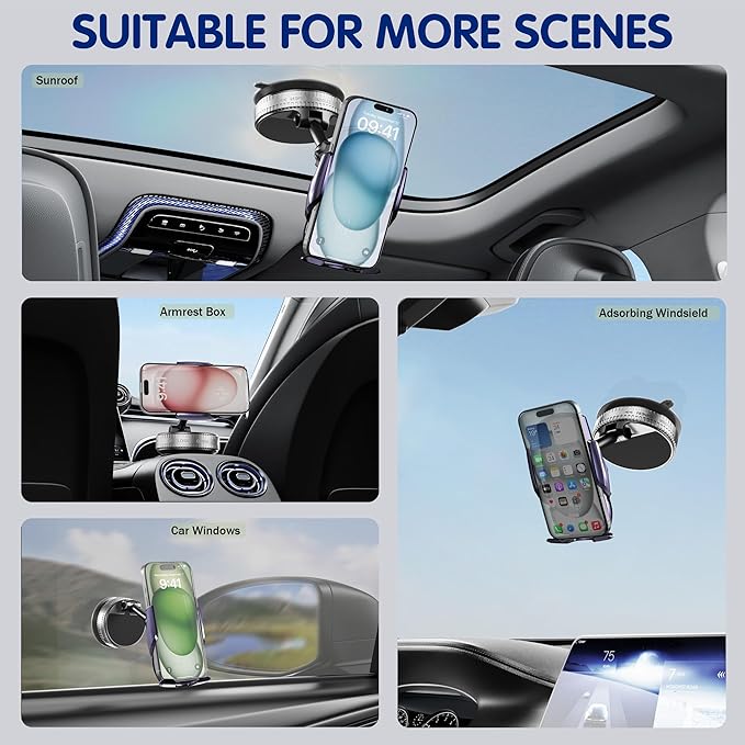 15W Wireless Fast Car Charger, Auto-Clamping Car Phone Holder with Rotating Vacuum Suction, Smart Sensor, 360° Adjustable Dashboard & Windshield Mount for iPhone & Samsung (Dark Purple)