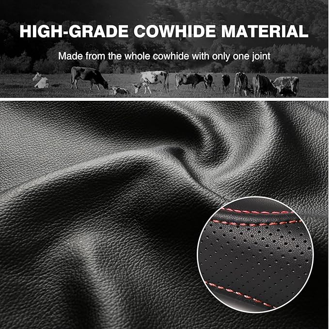 High-Grade Real Cowhide Steering Wheel Cover for Men Women，Black Genuine Leather Steering Wheel Cover for Cars,Universal 14.5-15 inch Steering Wheels