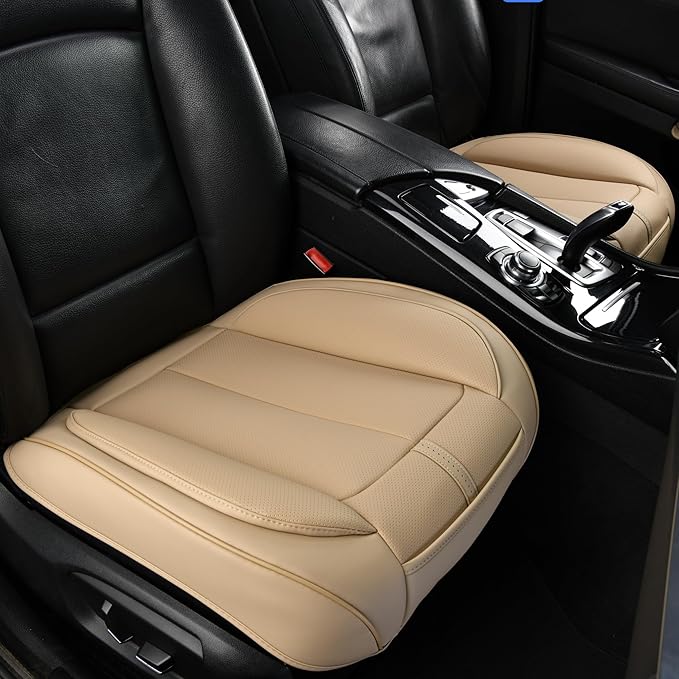 2 Pack Front Car Seat Cover Bottom Only Faux Leather, Anti-Slip Padded Seat Cushion, Full Wrap Seat Protector with Storage Function Fit 95% Cars, SUV, Pick-up Trucks (Beige)