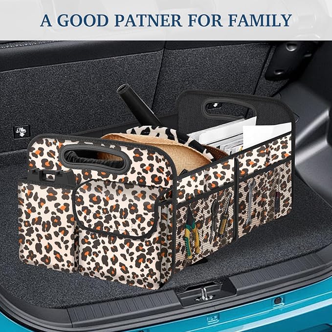Femuar Car Trunk Organizer, Trunk Storage Organizer with Large Capacity Waterproof Collapsible Trunk Organizer for Car Suv/Jeep/Sedan (Leopard Print, Standard)