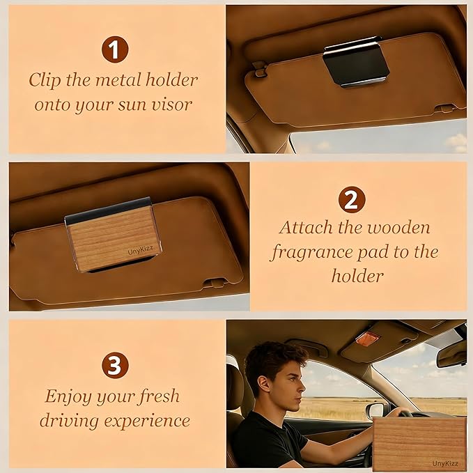 3PCS Car Air Freshener Wood Air Freshener - Car Odor Eliminator for Visor Clip Auto Accessories - Metal Clip - Essential Oils - Clean Ingredients - Teak Scent Starter Kit（Cabana/pine/amber）