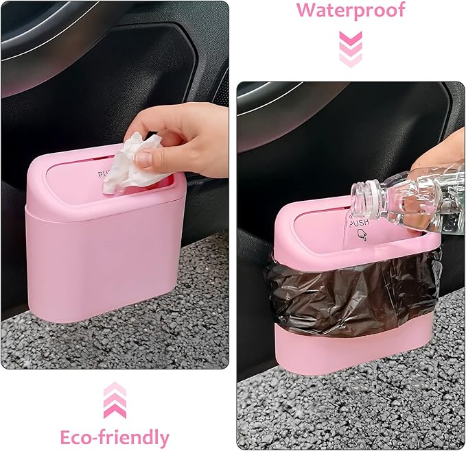 Accmor Car Trash Can with Lid, Vehicle Trash Bin Car Dustbin Garbage Organizer Holder with One Roll Trash Bag, Portable Hanging Mini Leakproof Cars Storage Bag Container for Auto, SUV, Office (Pink)