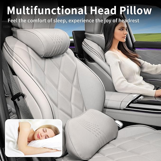 Lumbar Support Pillow for Car Seat, Office Chair Nappa Leather Memory Foam Lower Back Cushion for Back Pain Relief Improve Posture, Ergonomic Back Rest for Gaming Chair, Light Gray, 1PC