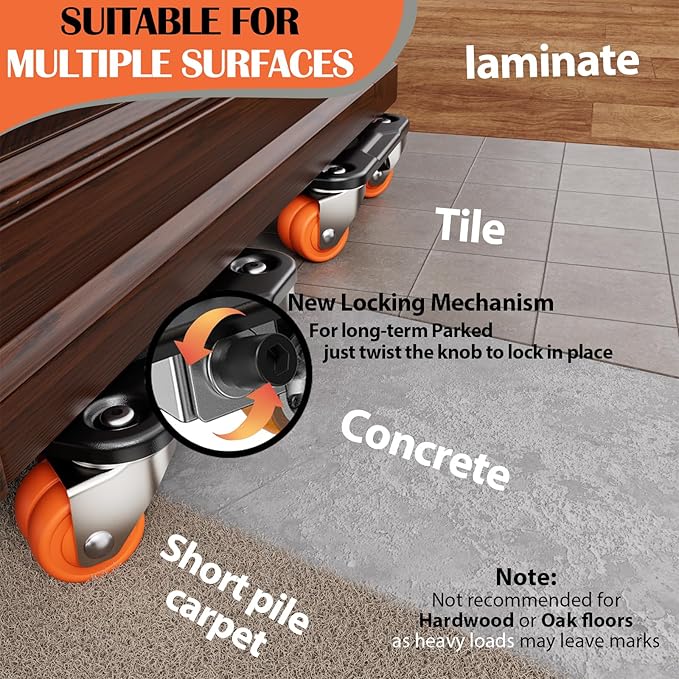 ONEON Furniture Mover Ultra Parked Edition with 10 Wheels – All-New Upgraded Double-Wheeled Low-Profile Dolly with Parking Lock for Long-Term Placement Under Heavy Item, Supports up to 2200 lbs