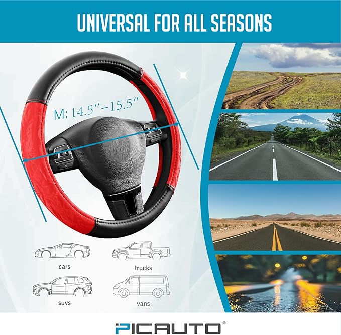 PIC AUTO Steering Wheel Cover, Silk Grain Leather Car Steering Wheel Protector, Comfortable Grip, Universal 14.5-15.5 Inch Anti-Slip Steering Wheels Accessories for Men & Women (Red)