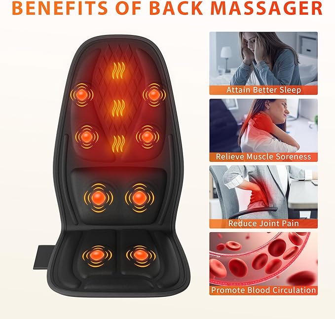 Back Massager with Heat, Seat Massager with 8 Powerful Vibration Motors, Portable Massage Chair Pad for Office Home Use, Gift for Men/Women/Family/Friends