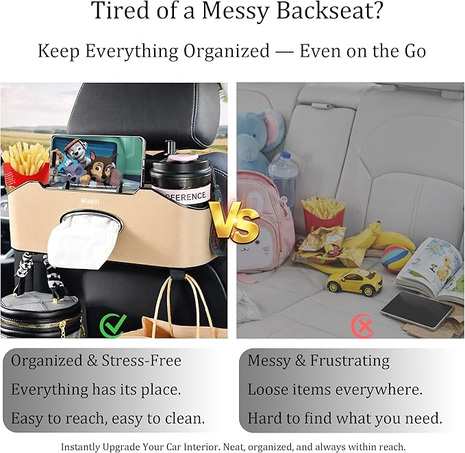 Mu&Ti Back Seat Car Organizer,4+2 in 1 Multifunctional Car Back Seat Storage Box with 2 Cup Holders, Tissue Box and Hook - Ideal for Kids and Travel(Beige)