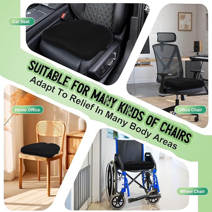 Air Fiber Office Chair Cushion - Ergonomic Seat Cushion for Orthopedic Coccyx, Relief Hip & Back Support - Doctor Recommended Cushion for Long Sitting Worker Driver & Handicapped (Black)