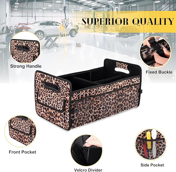 JiatuA Car Trunk Organizers and Storage Collapsible Multi Compartment Container Box, Adjustable Car Accessories for SUV Sedan Truck, Large Size, Leopard Print