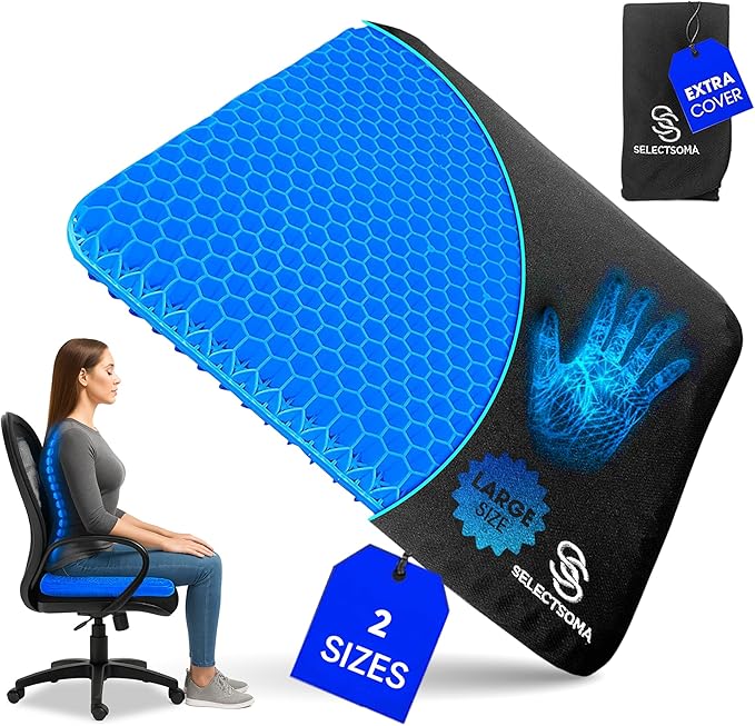 SelectSoma Super Large Gel Seat Cushion for Long Sitting - 18.5" x 17.5" - Breathable Cooling Design - Pressure Relief for Sciatica, Tailbone & Back - Office Chair, Wheelchair, Car & Truck Cushion