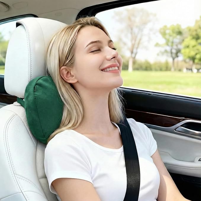 2PCS Car Pillow for Car Neck Pillow for Driving Seat Lumbar Support Soft Cushion with Extra Filling Accessories Back Support for Travel Nap and Trips Sleeping (Green, Head)