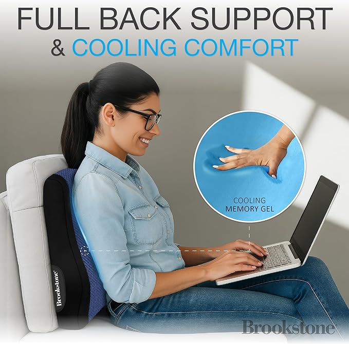 Brookstone BK1172 - Luxurious Back Support Pillow for Office Chairs and Cars, Lumbar Cushion with Premium Grade Memory Foam with Cooling Gel, Soft Plush Cover