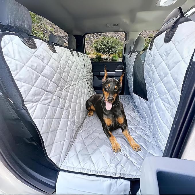 4Knines Dog Floor Hammock for Truck & Crew Cab with Fold Up Seats – Back Seat Pet Cover for Dogs – Compatible with Ram and Nissan Full Size Trucks (Driver Side Split, Grey)