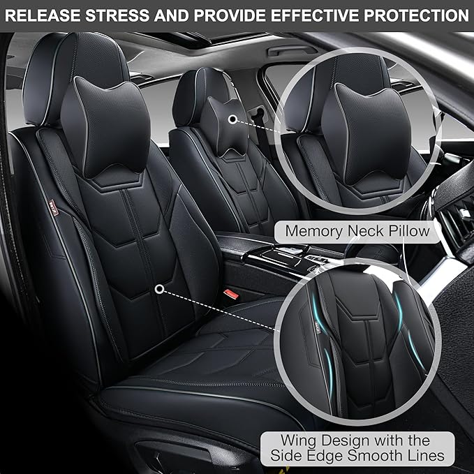 Black Car Seat Covers Full Set, Universal Front and Rear Seat Covers for Cars, Waterproof Leather Auto Seat Protectors with Head Pillow, Car Seat Cushions Fit for Most Sedans SUV Pick-up Truck