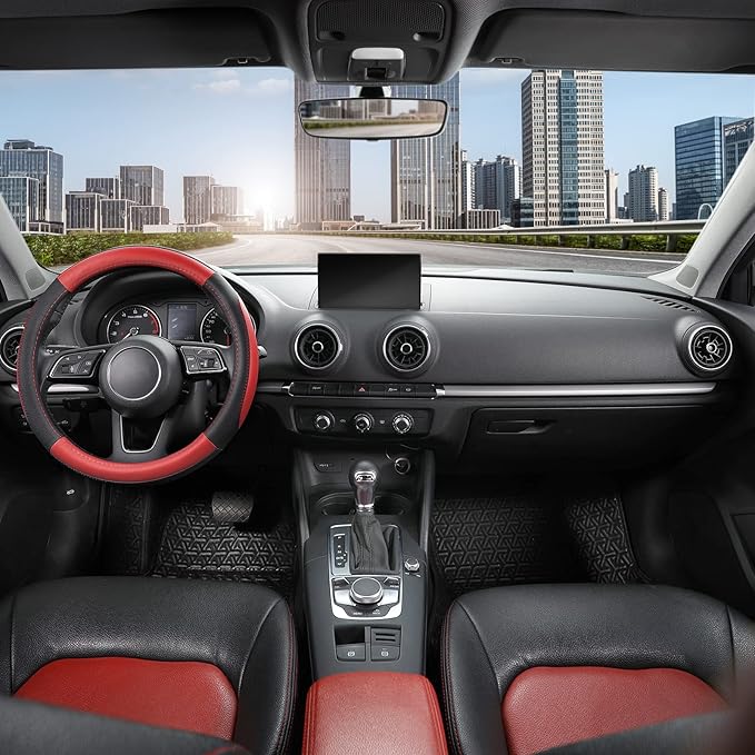 SEG Direct Car Steering Wheel Cover for Prius Civic Model 3 Model Y Camaro, Small Size 14-14.25 inch, Black and Red Microfiber Leather