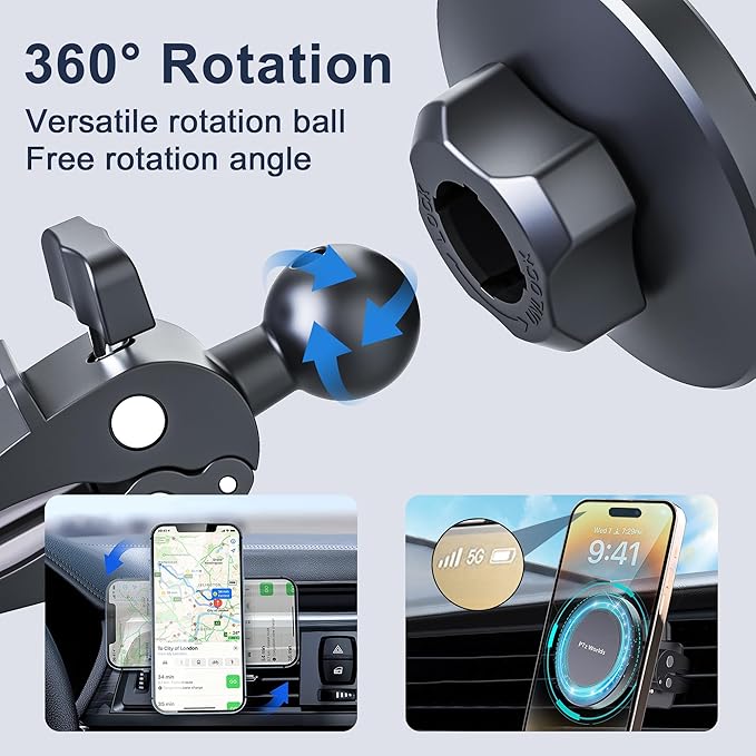 Car Vent Phone Mount - Magnetic Phone Holder for Car, Very Strong Magnet, Upgrade Adjustable Screw AC Mount, Compatible with MagSafe, iPhone, Galaxy, Pixel & Other Smartphones, 360 Rotation