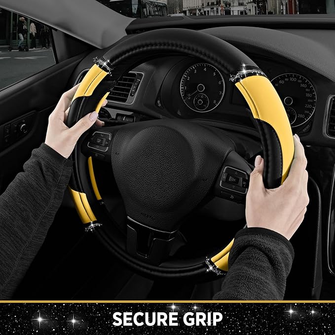 Road Comforts Leather Steering Wheel Cover - Made with PVC Leather - Anti-Slip, Universal Fit 14 1/2 inches to 15 inches - Yellow