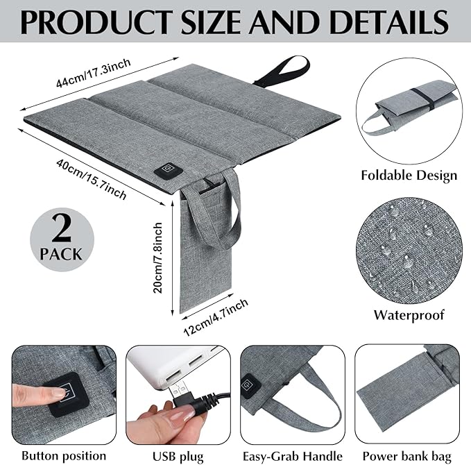 2 Pcs Portable Foldable Heated Seat Cushion Stadium Seat Heating Cushion Pad USB Z Waterproof 3 Mode Adjustable Heated Chair Pad for Indoor Outdoor Sports, Power Bank Not Included