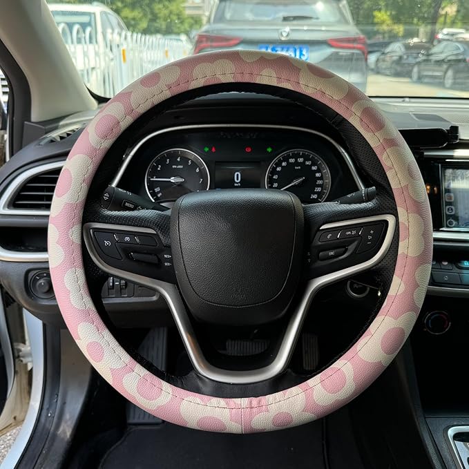 Vintage Groovy Flowers Car Leather Steering Wheel Cover - 15-inch Universal Microfiber- Soft & Breathable & Silicone Anti Slip Auto Steering Wheel Wrap for Women (Pink)